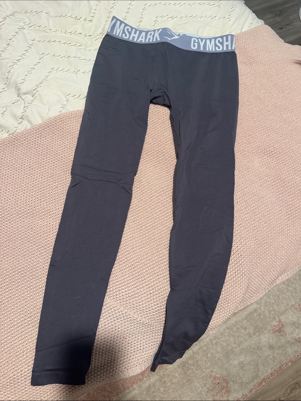 Gymshark Charcoal Leggings with Light purpler Logo Waistband